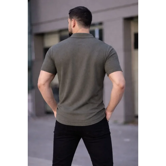 Erkek Waffle Dokuma Kumaş Açık Yakalı Düğmeli Gömlek 2’li Set Haki-Bej