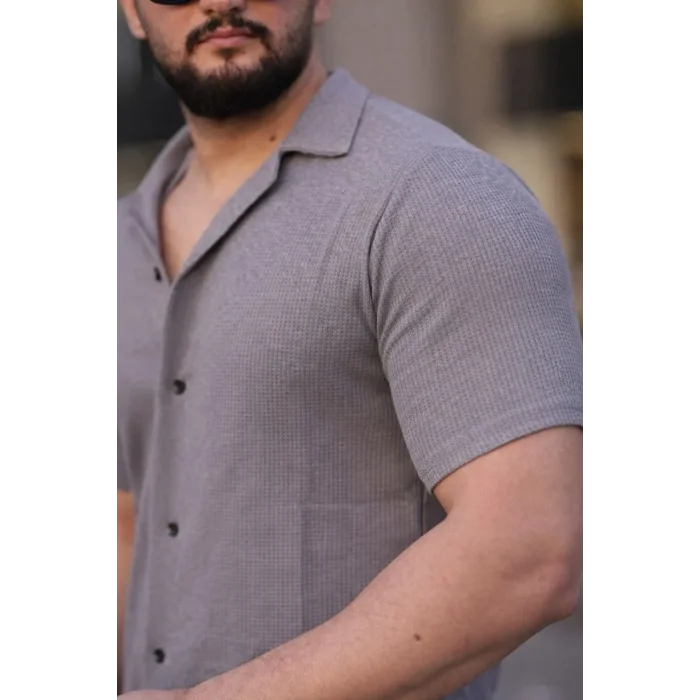 Erkek Waffle Kumaş Açık Yakalı Düğmeli Regular Fit Gömlek 2’li Set Lacivert-Gri