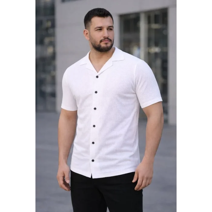 Erkek Waffle Kumaş Açık Yakalı Düğmeli Regular Fit Gömlek 2’li Set Siyah-Beyaz