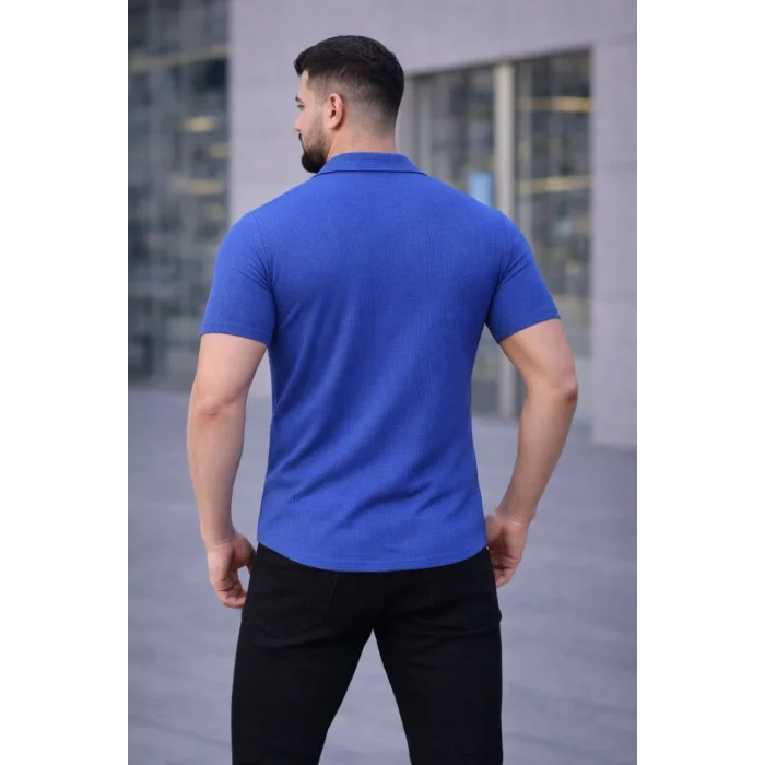 Erkek Waffle Kumaş Açık Yakalı Düğmeli Regular Fit Gömlek 2’li Set Siyah-Saks Mavisi