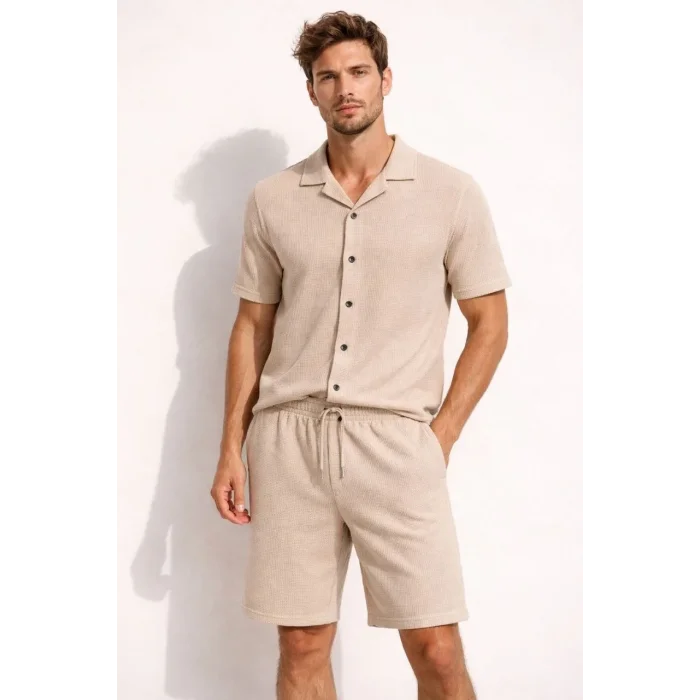 Erkek Waffle Kumaş Kısa Kol Gömlek Şort Takım Regular Yazlık İkili Set - Bej