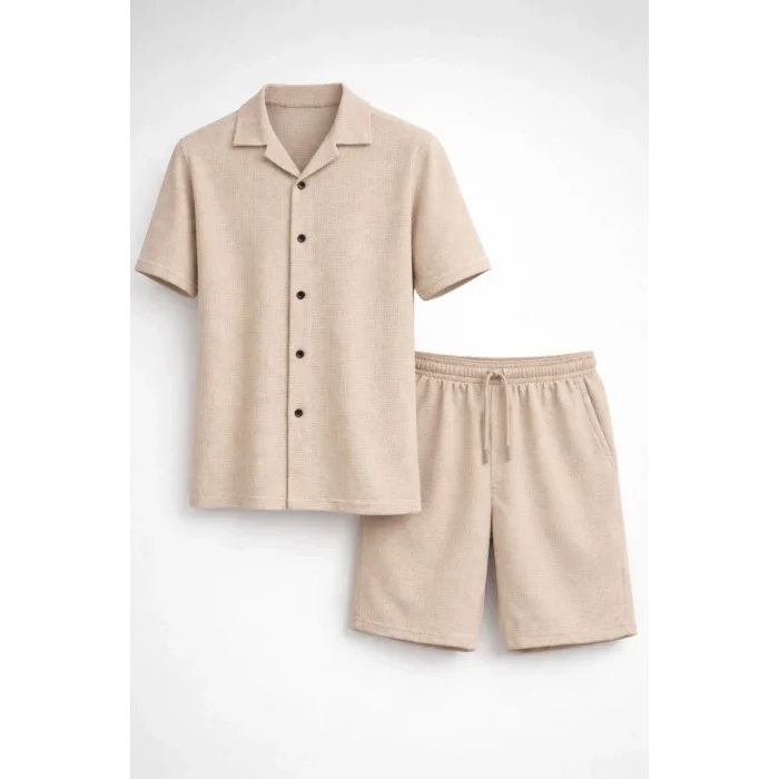 Erkek Waffle Kumaş Kısa Kol Gömlek Şort Takım Regular Yazlık İkili Set - Bej
