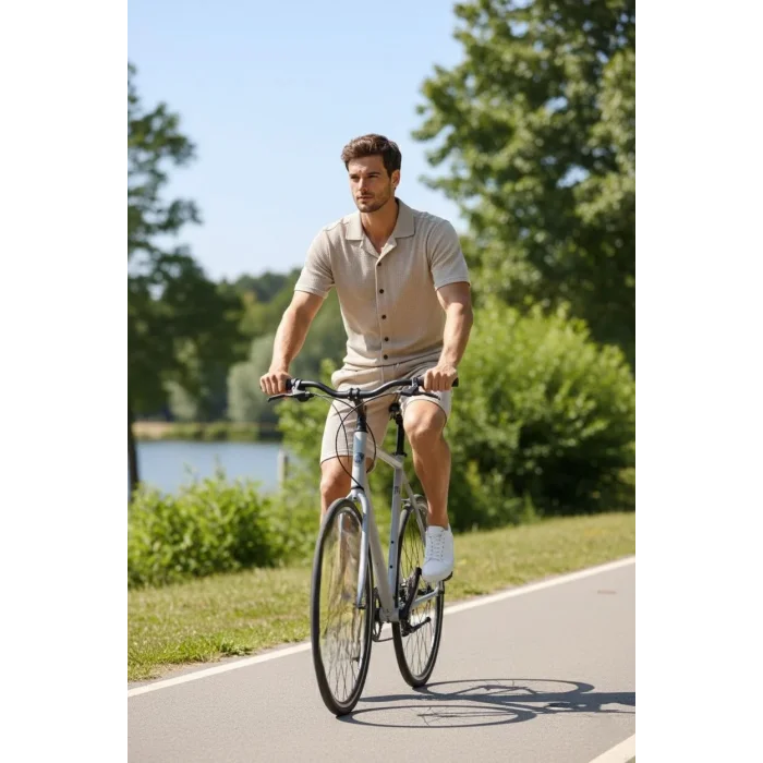 Erkek Waffle Kumaş Kısa Kol Gömlek Şort Takım Regular Yazlık İkili Set - Bej