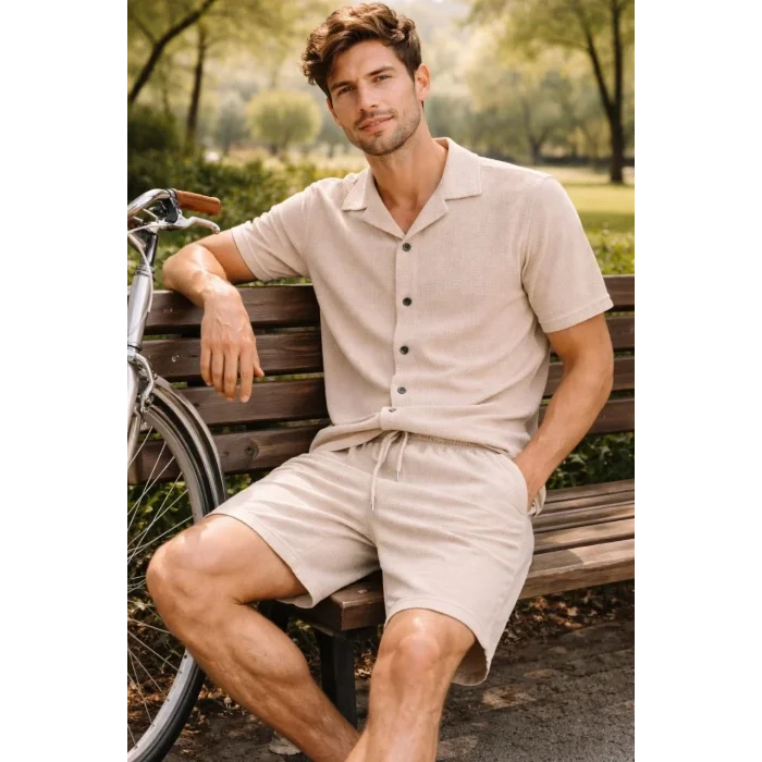 Erkek Waffle Kumaş Kısa Kol Gömlek Şort Takım Regular Yazlık İkili Set - Bej