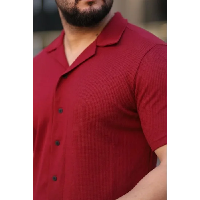 Erkek Waffle Kumaş Kısa Kol Gömlek Şort Takım Regular Yazlık İkili Set - Bordo
