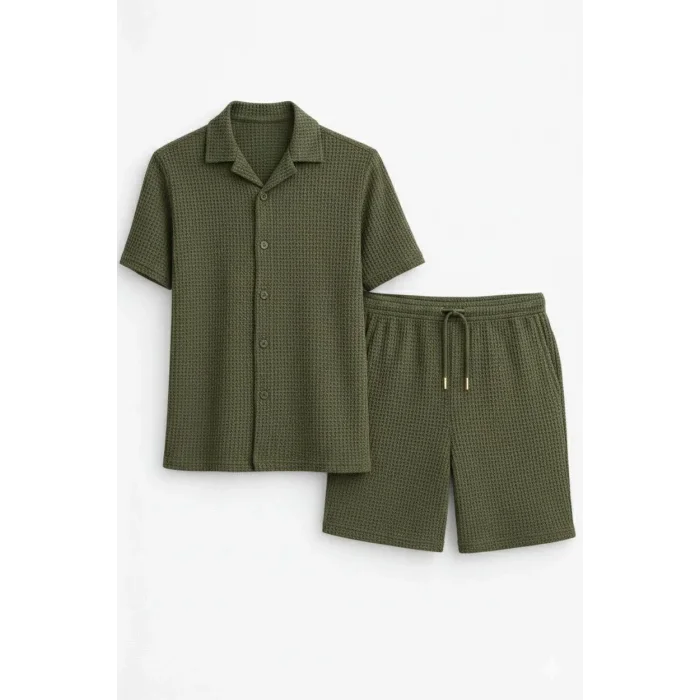 Erkek Waffle Kumaş Kısa Kol Gömlek Şort Takım Regular Yazlık İkili Set - Haki