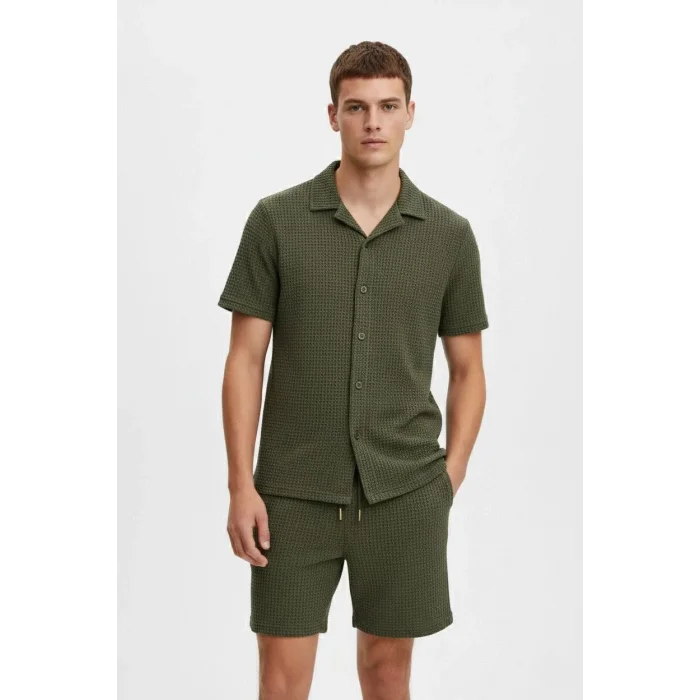 Erkek Waffle Kumaş Kısa Kol Gömlek Şort Takım Regular Yazlık İkili Set - Haki