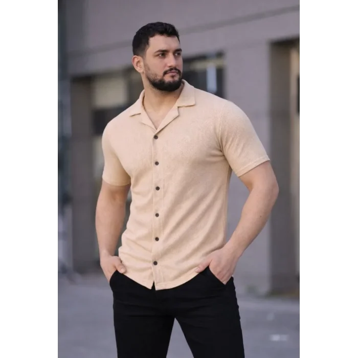 Erkek Waffle Kumaş Kısa Kollu Düğmeli Açık Yaka Regular Fit Gömlek - Bej