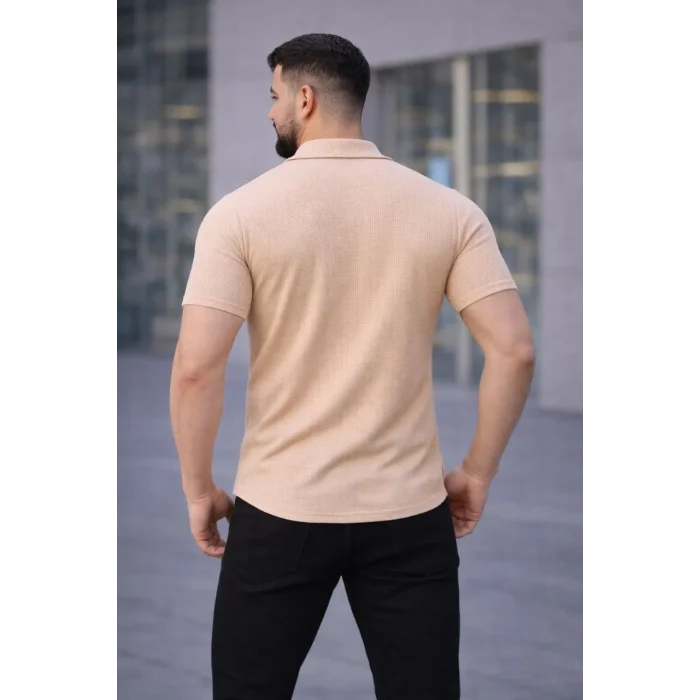 Erkek Waffle Kumaş Kısa Kollu Düğmeli Açık Yaka Regular Fit Gömlek - Bej
