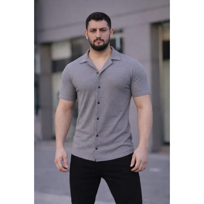 Erkek Waffle Kumaş Kısa Kollu Düğmeli Açık Yaka Regular Fit Gömlek - Gri