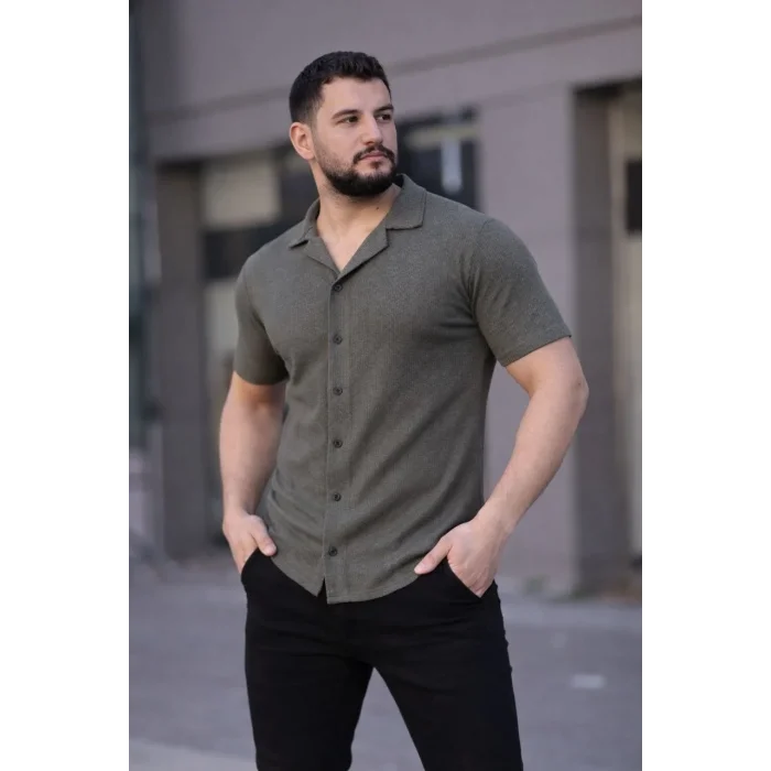 Erkek Waffle Kumaş Kısa Kollu Düğmeli Açık Yaka Regular Fit Gömlek - Haki