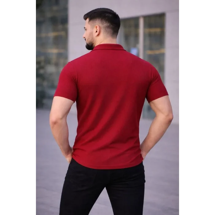 Erkek Waffle Kumaş Kısa Kollu Düğmeli Açık Yaka Regular Fit Gömlek - Kırmızı