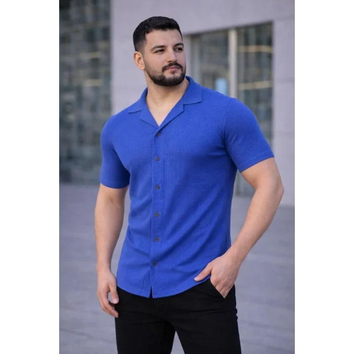Erkek Waffle Kumaş Kısa Kollu Düğmeli Açık Yaka Regular Fit Gömlek - Saks Mavisi