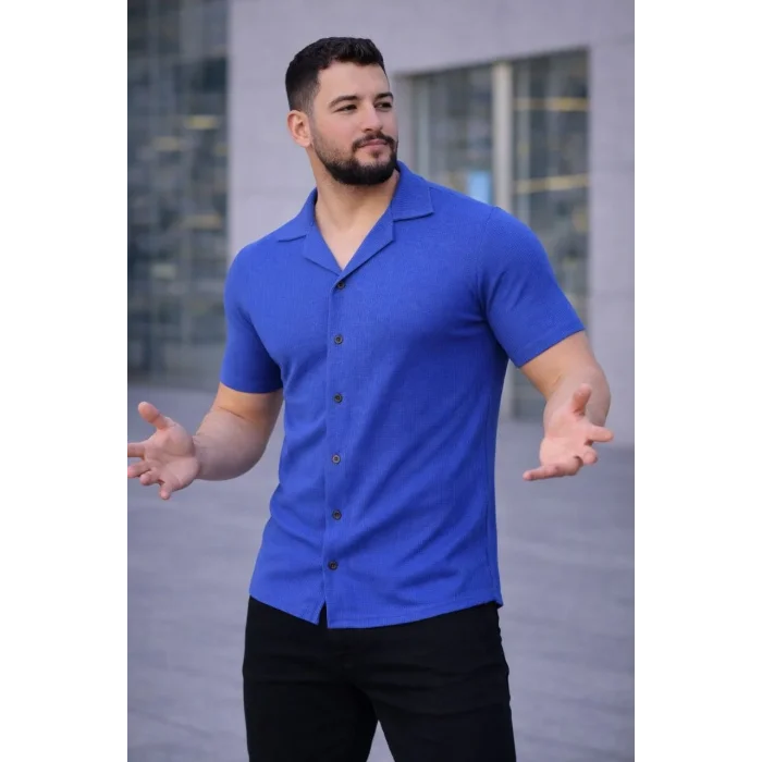 Erkek Waffle Kumaş Kısa Kollu Düğmeli Açık Yaka Regular Fit Gömlek - Saks Mavisi