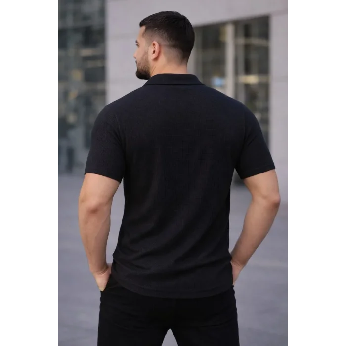Erkek Waffle Kumaş Kısa Kollu Düğmeli Açık Yaka Regular Fit Gömlek - Siyah