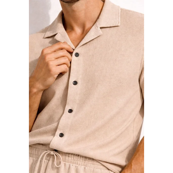 Erkek Waffle Kumaş Kısa Kollu Gömlek Şort Takım Regular Fit Yazlık İkili Set - Bej