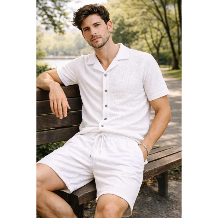 Erkek Waffle Kumaş Kısa Kollu Gömlek Şort Takım Regular Fit Yazlık İkili Set - Beyaz