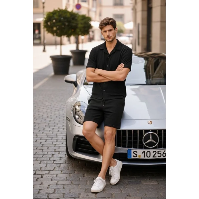 Erkek Waffle Kumaş Kısa Kollu Gömlek Şort Takım Regular Fit Yazlık İkili Set - Siyah