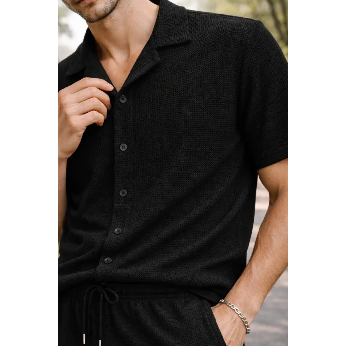 Erkek Waffle Kumaş Kısa Kollu Gömlek Şort Takım Regular Fit Yazlık İkili Set - Siyah