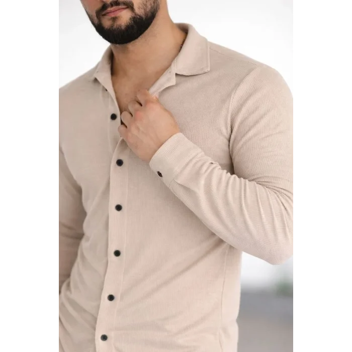 Erkek Waffle Kumaş Uzun Kollu Düğmeli Açık Yaka Regular Fit Gömlek - Bej