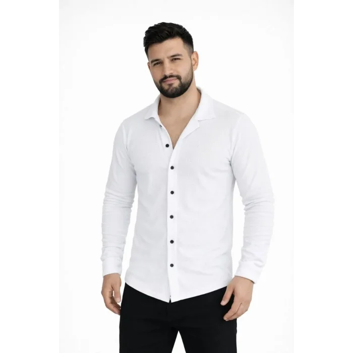 Erkek Waffle Kumaş Uzun Kollu Düğmeli Açık Yaka Regular Fit Gömlek - Beyaz