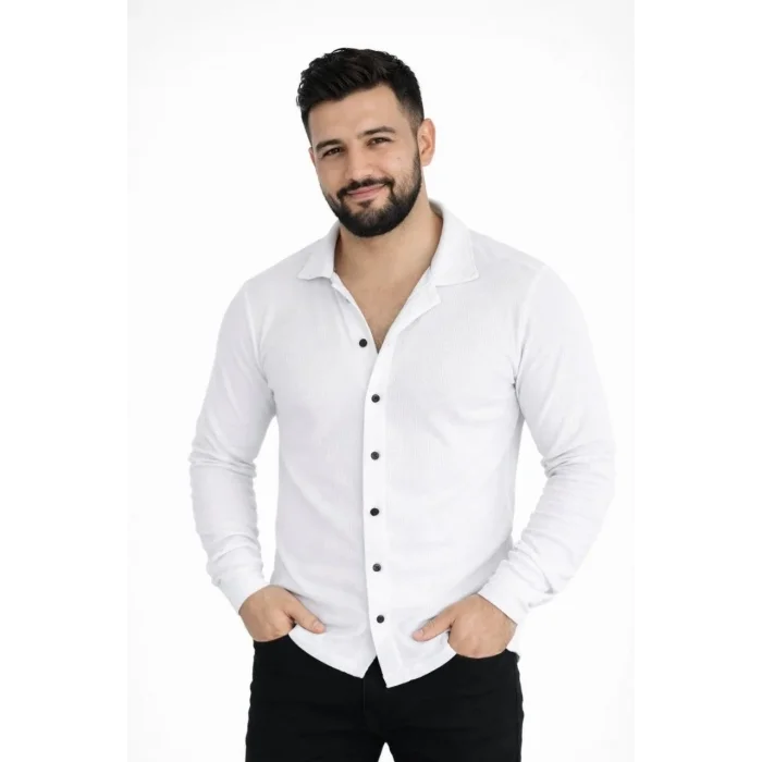 Erkek Waffle Kumaş Uzun Kollu Düğmeli Açık Yaka Regular Fit Gömlek - Beyaz