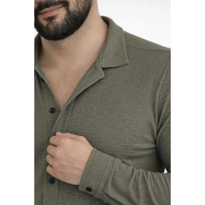 Erkek Waffle Kumaş Uzun Kollu Düğmeli Açık Yaka Regular Fit Gömlek - Haki