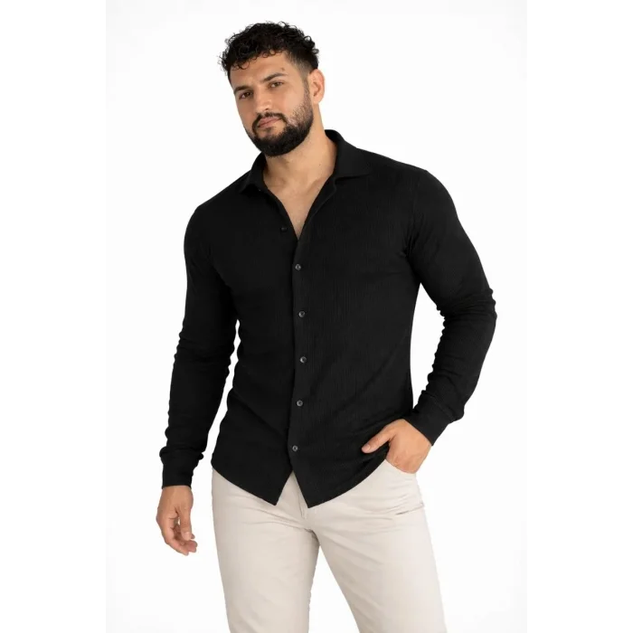 Erkek Waffle Kumaş Uzun Kollu Düğmeli Açık Yaka Regular Fit Gömlek - Siyah