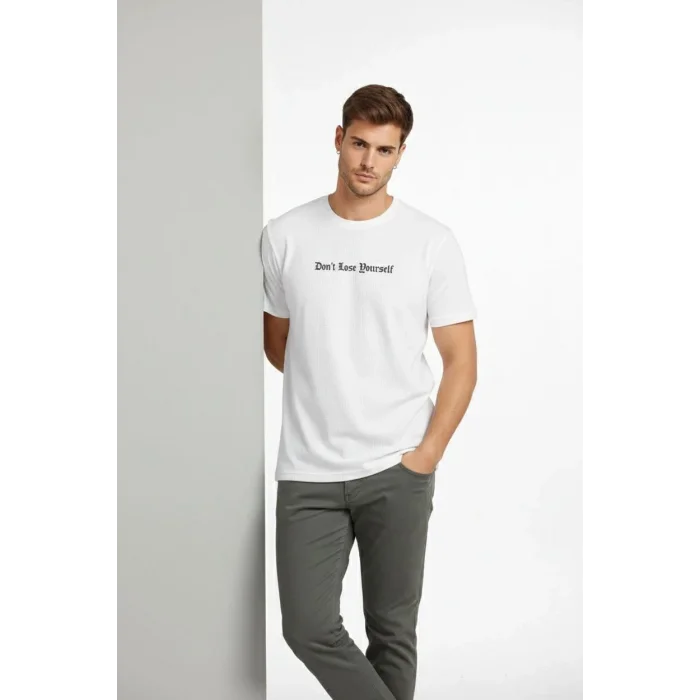 Erkek Wafıl Kumaş Tişört Regular Kalıp Bisiklet Yaka Baskılı T-Shirt - Beyaz