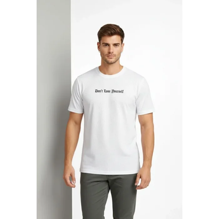 Erkek Wafıl Kumaş Tişört Regular Kalıp Bisiklet Yaka Baskılı T-Shirt - Beyaz