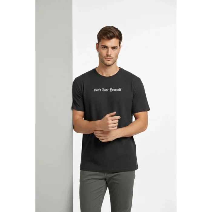 Erkek Wafıl Kumaş Tişört Regular Kalıp Bisiklet Yaka Baskılı Günlük Basic T-Shirt - Siyah