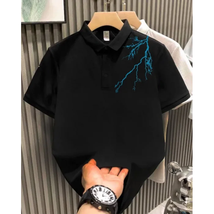 Erkek Yakası Düğmeli Baskılı T-Shirt - Siyah