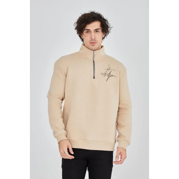 Erkek Yarım Fermuarlı Baskılı 3 iplik pamuklu sweatshirt - Bej