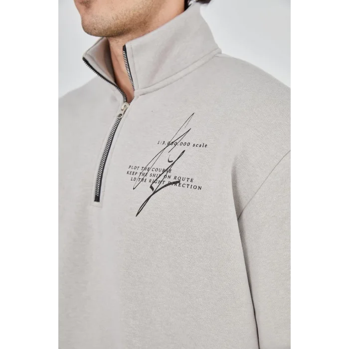 Erkek Yarım Fermuarlı Baskılı 3 iplik pamuklu sweatshirt - Boyalı Gri