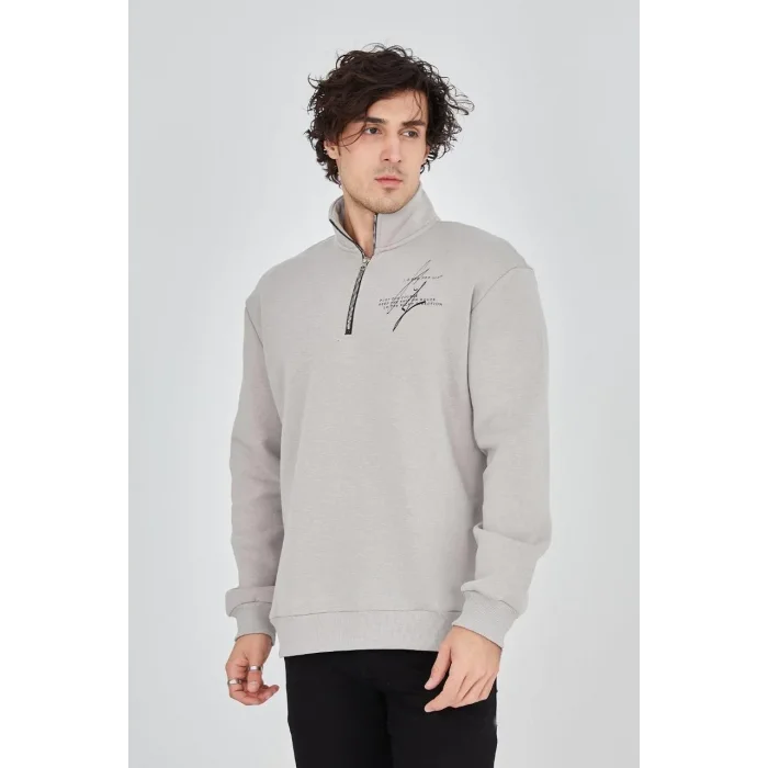 Erkek Yarım Fermuarlı Baskılı 3 iplik pamuklu sweatshirt - Boyalı Gri