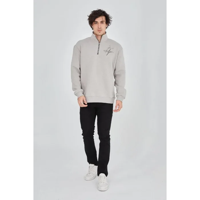 Erkek Yarım Fermuarlı Baskılı 3 iplik pamuklu sweatshirt - Boyalı Gri