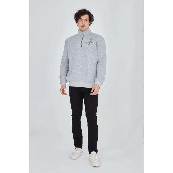 Erkek Yarım Fermuarlı Baskılı 3 iplik pamuklu sweatshirt - Gri