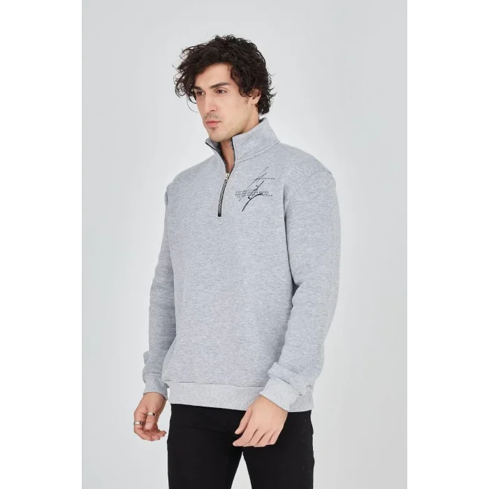 Erkek Yarım Fermuarlı Baskılı 3 iplik pamuklu sweatshirt - Gri