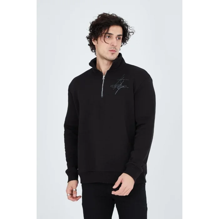 Erkek Yarım Fermuarlı Baskılı 3  iplik pamuklu sweatshirt - Siyah