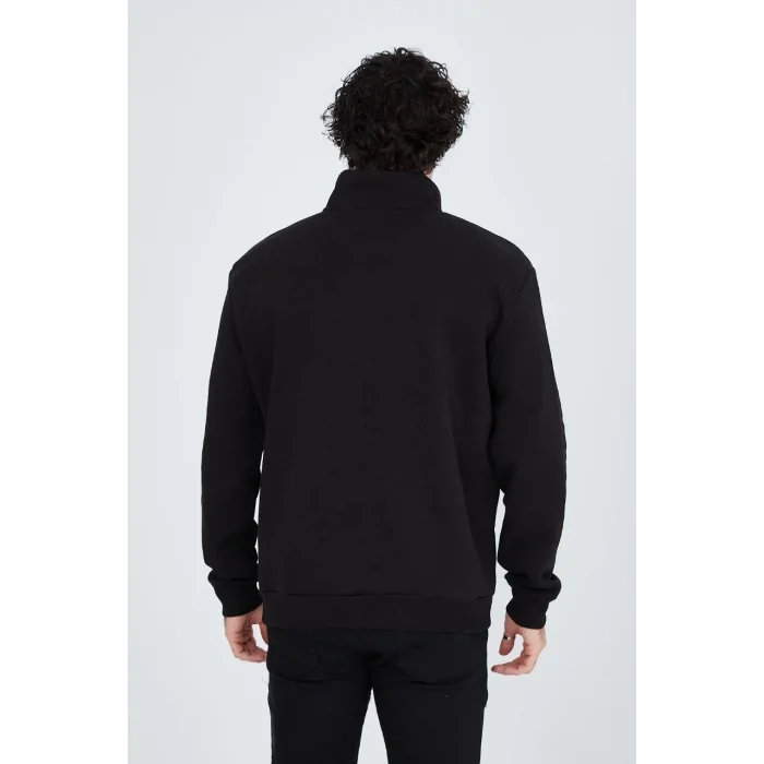 Erkek Yarım Fermuarlı Baskılı 3  iplik pamuklu sweatshirt - Siyah
