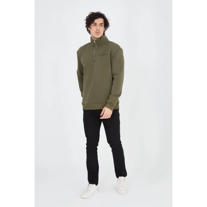 Erkek Yarım Fermuarlı Baskılı 3 iplik pamuklu sweatshirt - Yeşil