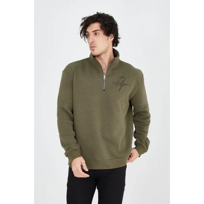 Erkek Yarım Fermuarlı Baskılı 3 iplik pamuklu sweatshirt - Yeşil