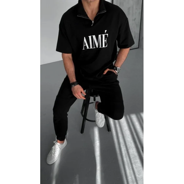 ERKEK Tişört Yakalı Yarım Fermuarlı  Kısa Kol Baskılı T-Shirt - Siyah
