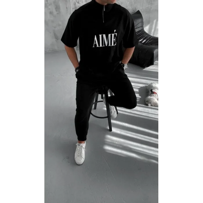 ERKEK Tişört Yakalı Yarım Fermuarlı  Kısa Kol Baskılı T-Shirt - Siyah