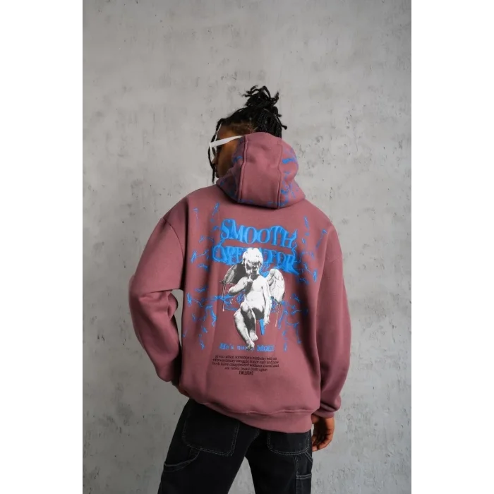 Erkek 3 İplik Pamuklu Kapüşonlu Baskılı Cepli Sweatshirt Hoodie - Gül Kurusu