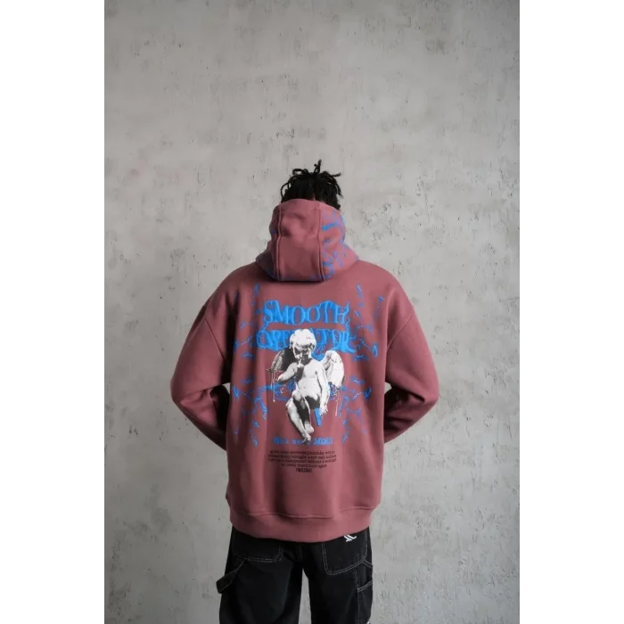 Erkek 3 İplik Pamuklu Kapüşonlu Baskılı Cepli Sweatshirt Hoodie - Gül Kurusu