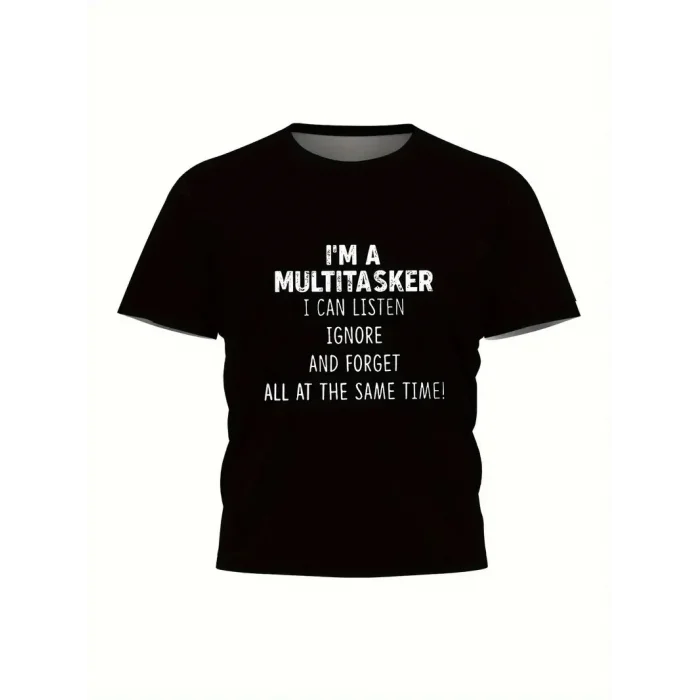 Erkek T-shirt Komik Multitasker Baskılı Kısa kol Tişört - Siyah