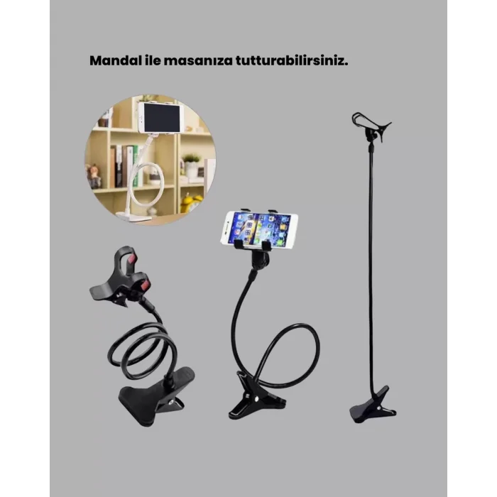 Esnek Gövdeli Mandallı Masaüstü Telefon Tutucu