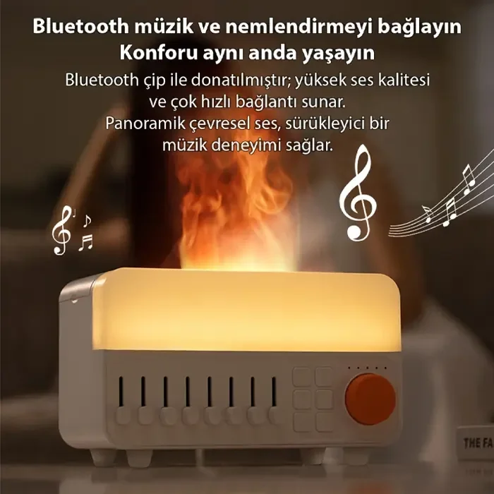 Ezere A14 Bluetooth Hoparlörlü Alev Efektli 8 Sesli Renkli Alev Görünümlü Aromaterapi Difüzörü Ultrasonik Hava Nemlendici-(5775)