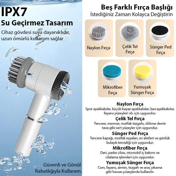 EZERE TurboBrush 5 Başlıklı Elektrikli Temizlik Fırçası-(5775)